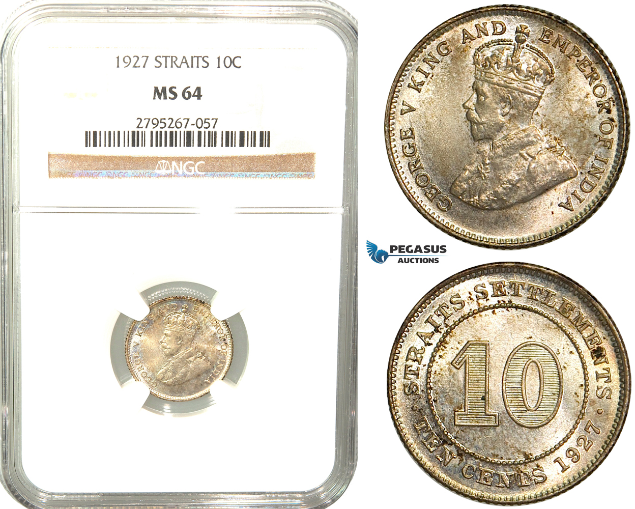 W67, Straits Settlements, George V, 10 Cents 1927, Silver, NGC MS64