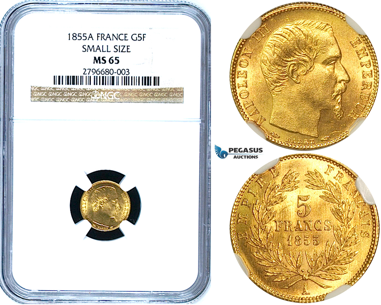 W85, France, Napoleon III, 5 Francs 1855-A, Paris, Gold, NGC MS65 (Small size) Pop 1/2, No Finer! Rare!
