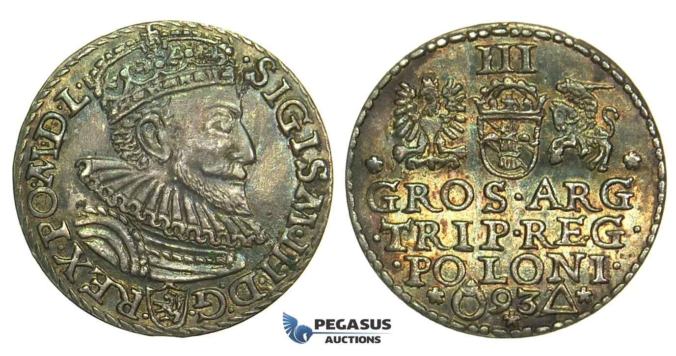 Y111, Poland, Sigismund III, 3 Groschen (Trojak) 1593, Malbork (Marienburg) Silver (2.22g) Rainbow Toning!