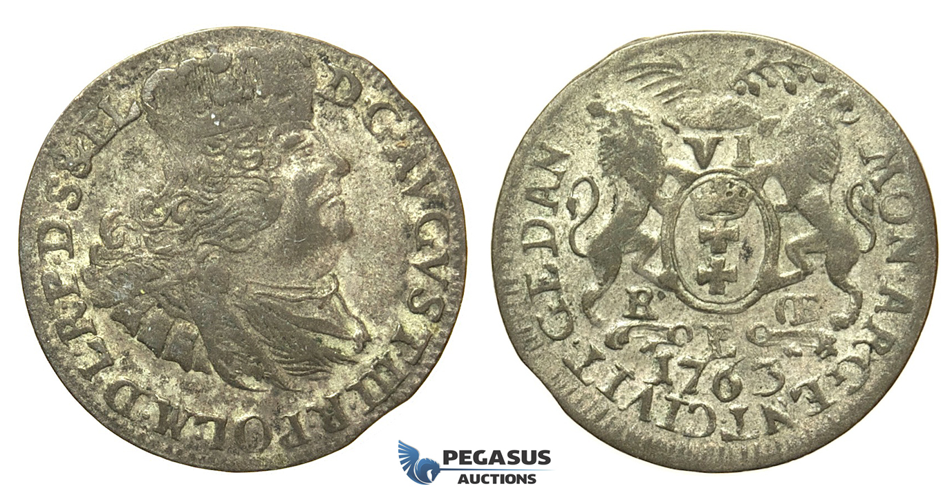 Y189, Poland, August III, 6 Groschen (Szostak) 1763, Danzig, Silver (2.60g)