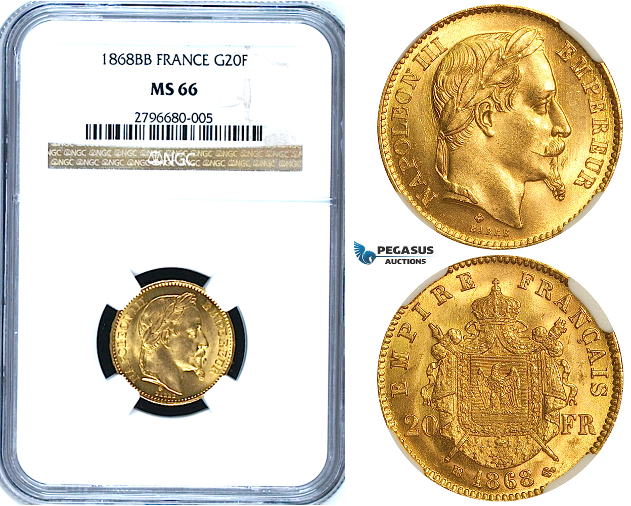 Y50, France, Napoleon III, 20 Francs 1868-BB, Strasbourg, Gold, NGC MS66 (Pop 1/1, Finest!)