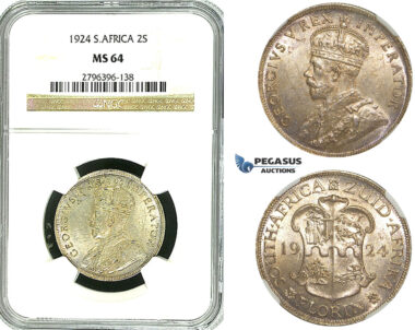 Y85, South Africa, George V, 2 Shillings 1924, Pretoria, Silver, NGC MS64