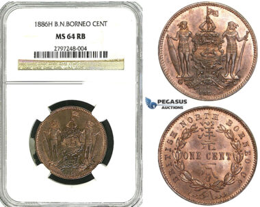 Y93, British North Borneo, 1 Cent 1886-H, Heaton, NGC MS64RB
