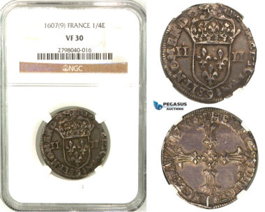Z24, France, Henri IV, 1/4 Ecu 1607 "9" Rennes, Silver, NGC VF30 Dark toning!