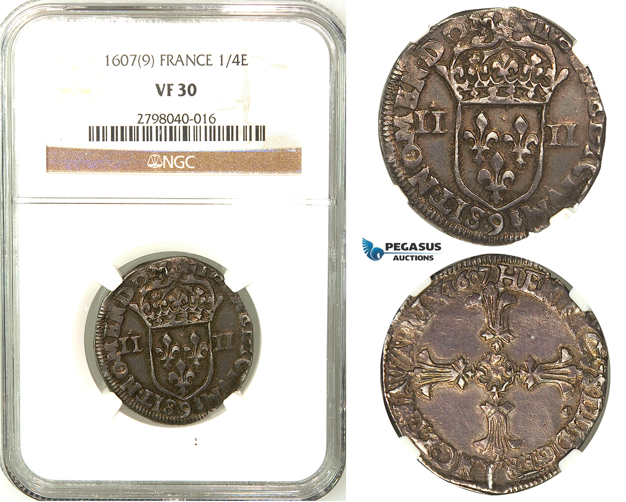 Z24, France, Henri IV, 1/4 Ecu 1607 "9" Rennes, Silver, NGC VF30 Dark toning!