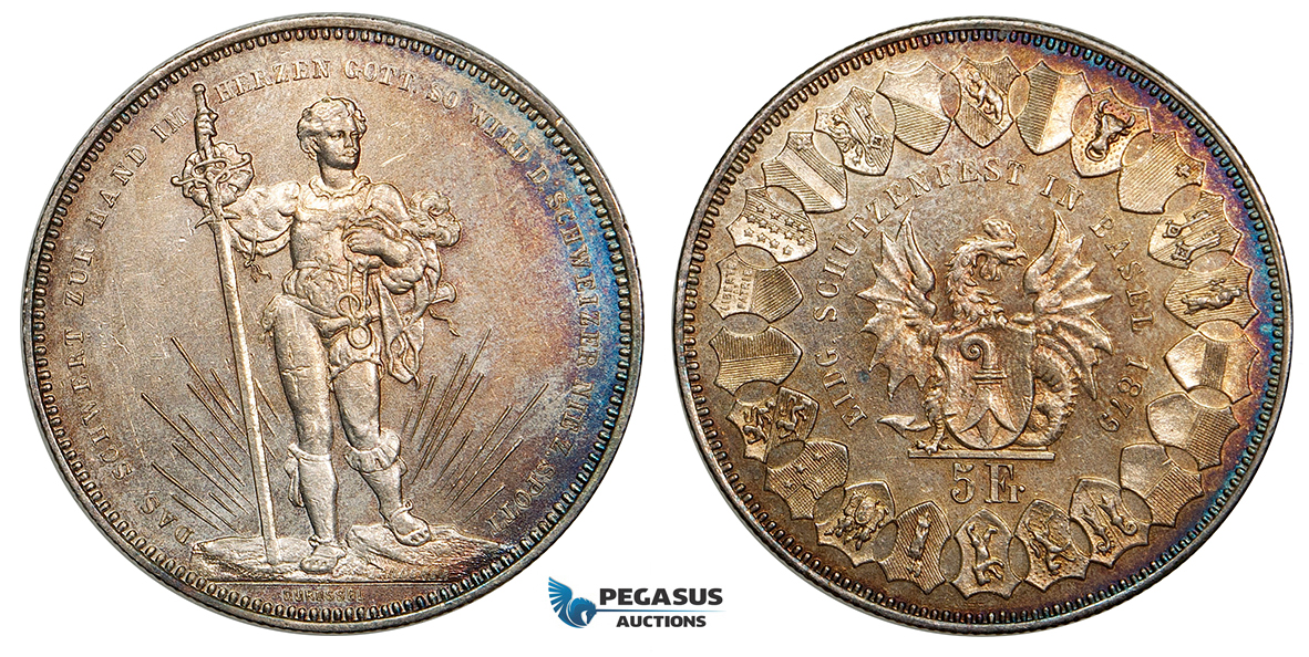 ZA28, Switzerland, Basel Festival 5 Francs 1879 (Shooting Taler) Silver, Part Rainbow Toning UNC