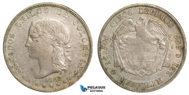 ZA43, Colombia, 5 Decimos 1882, Silver, Medellin, Nice!
