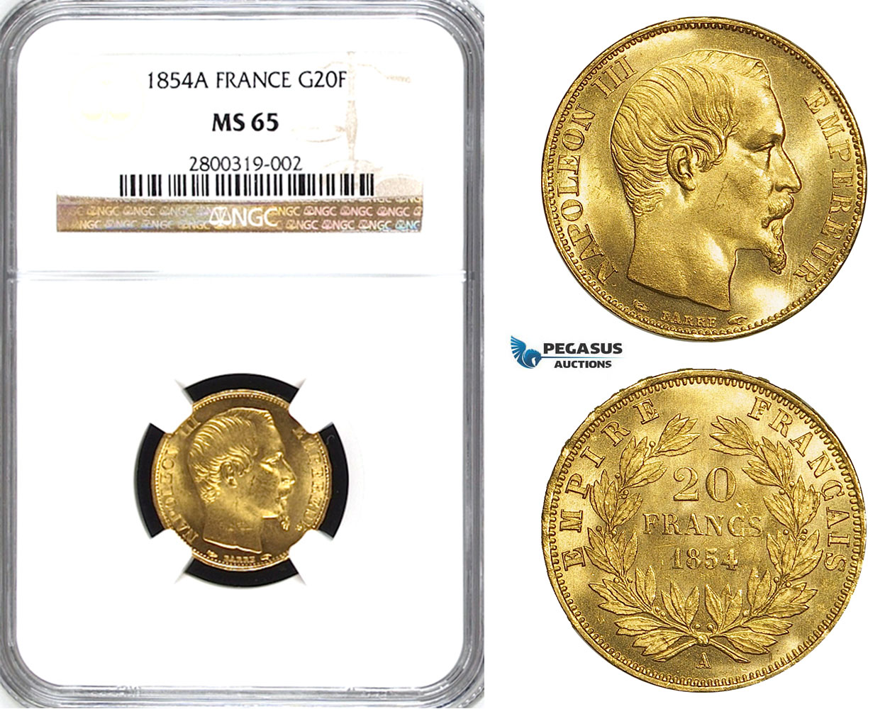 ZA46, France, Napoleon III, 20 Francs 1854-A, Paris, Gold, NGC MS65 (Pop 1/2, only 1 finer!)