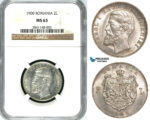 ZA53, Romania, Carol I, 2 Lei 1900, Hamburg, Silver, NGC MS63, Rare!