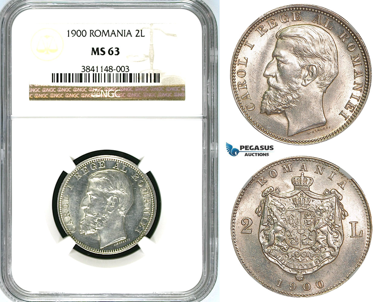 ZA53, Romania, Carol I, 2 Lei 1900, Hamburg, Silver, NGC MS63, Rare!