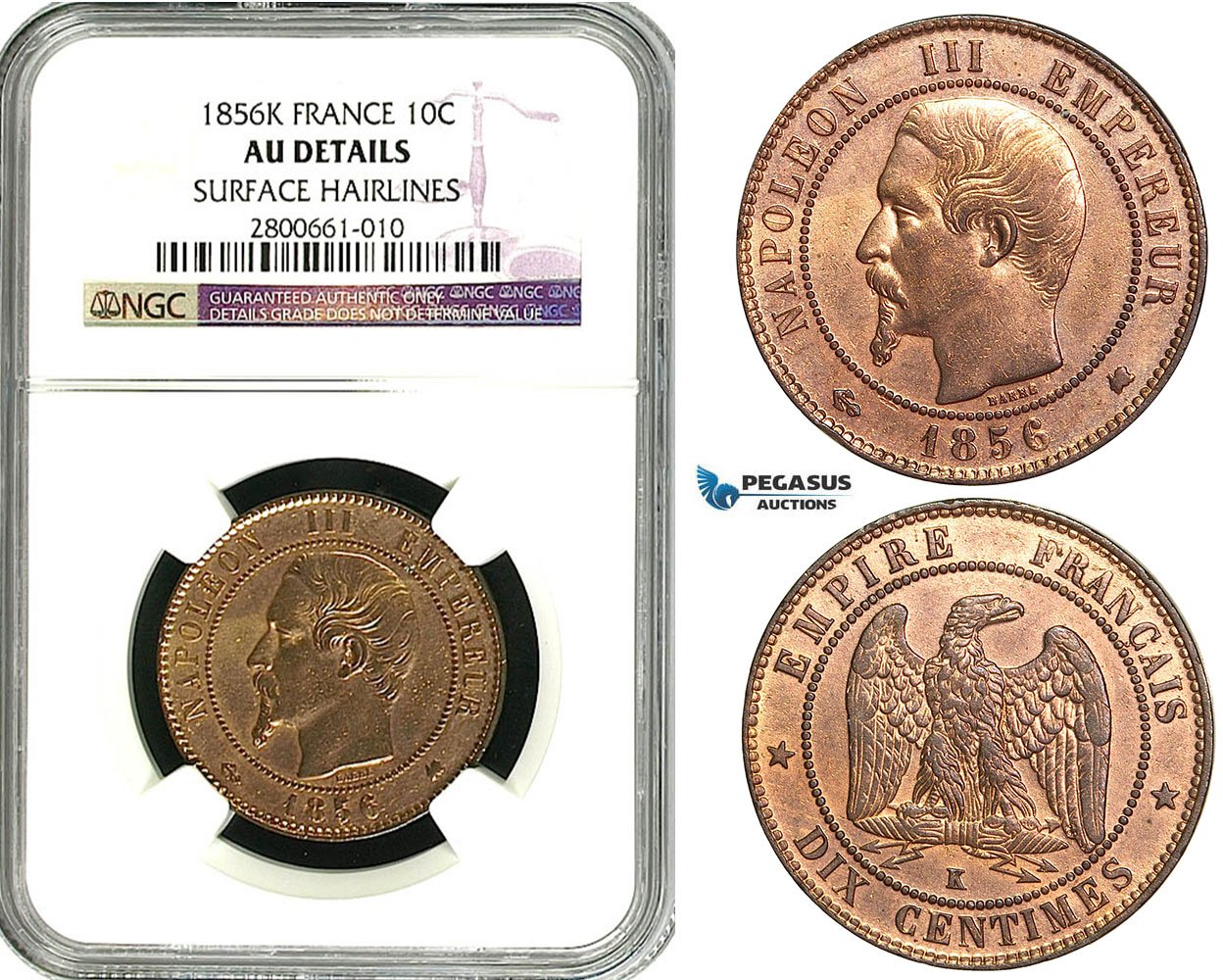 ZB07, France, Napoleon III, 10 Centimes 1856-K, Bordeaux, NGC AU Det.