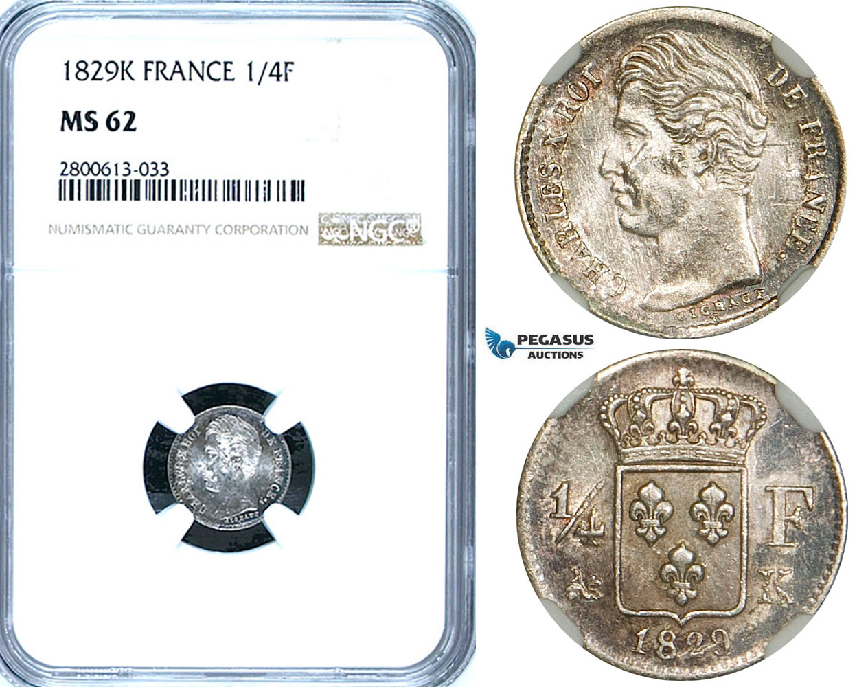 ZB38, France, Charles X, 1/4 Franc 1829-K, Bordeaux, Silver, NGC MS62
