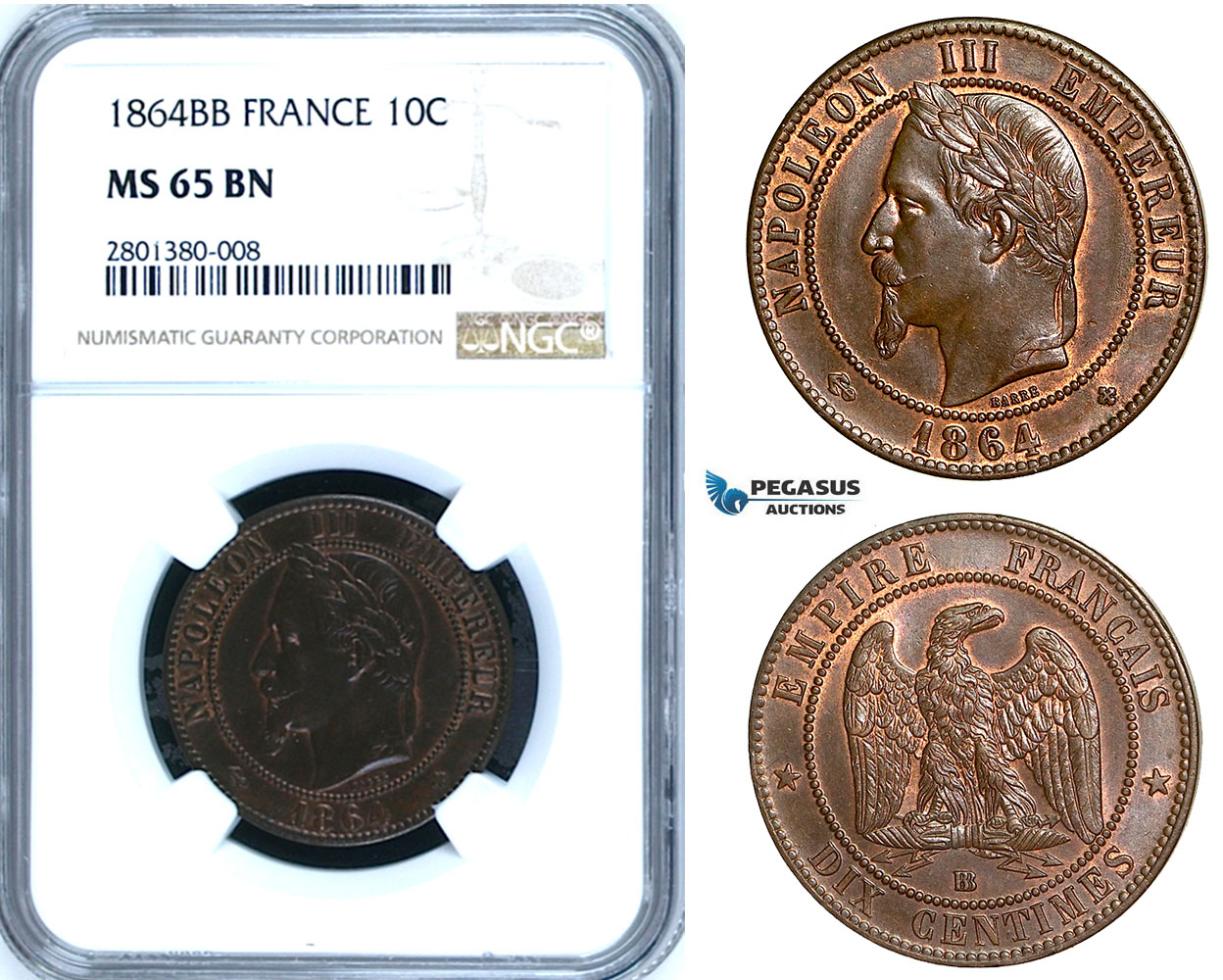 ZB69, France, Napoleon III, 10 Centimes 1864-BB, Strasbourg, NGC MS65BN (Pop 1/0, Finest!)