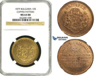 ZB81, Bulgaria, Ferdinand I, Copper Pattern 10 Santim 1879-AB, Paris, NGC MS64RB