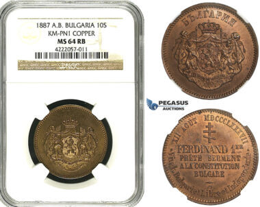 ZB84, Bulgaria, Ferdinand I, Copper Pattern 10 Santim 1887-AB, Paris, NGC MS64RB