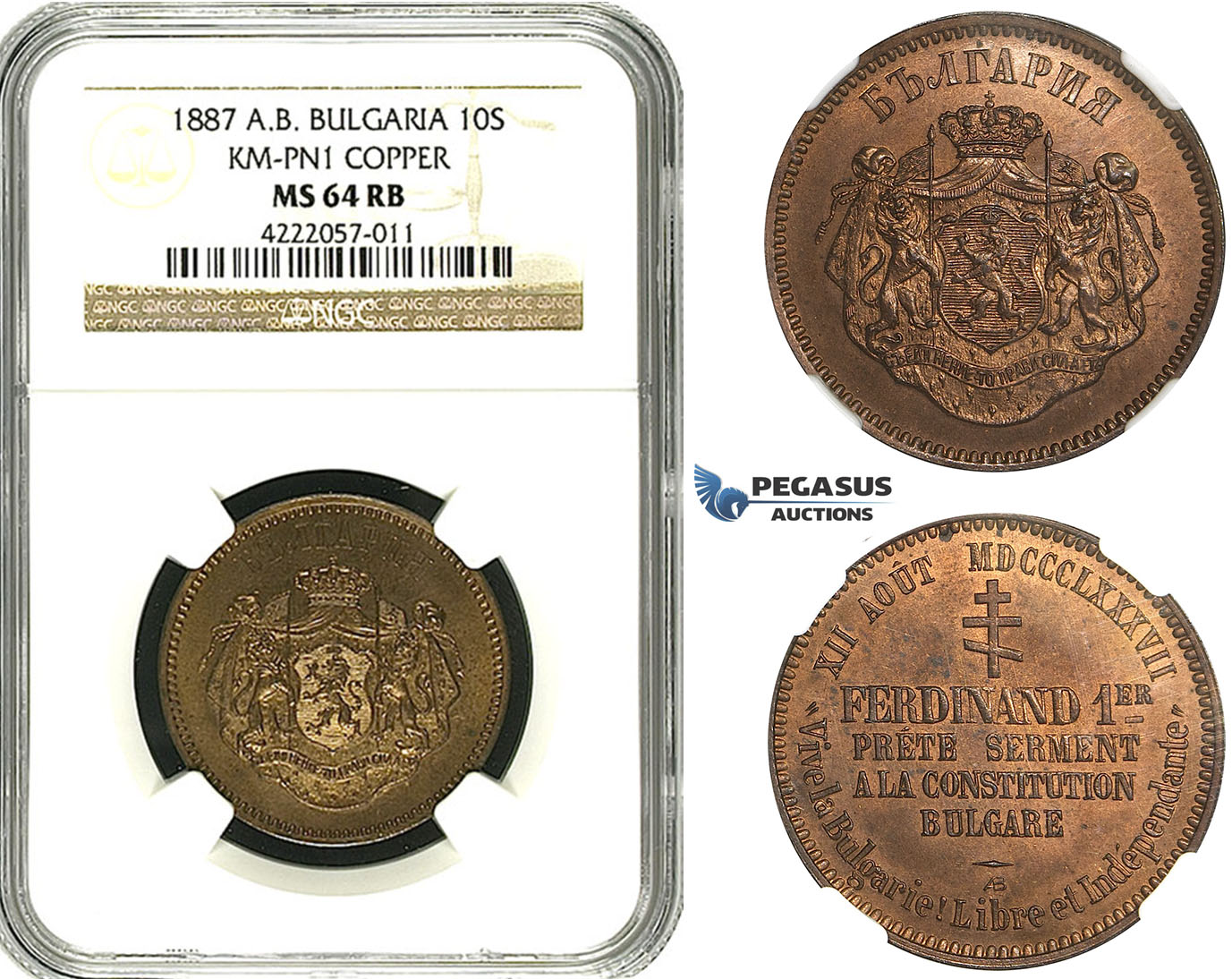 ZB84, Bulgaria, Ferdinand I, Copper Pattern 10 Santim 1887-AB, Paris, NGC MS64RB