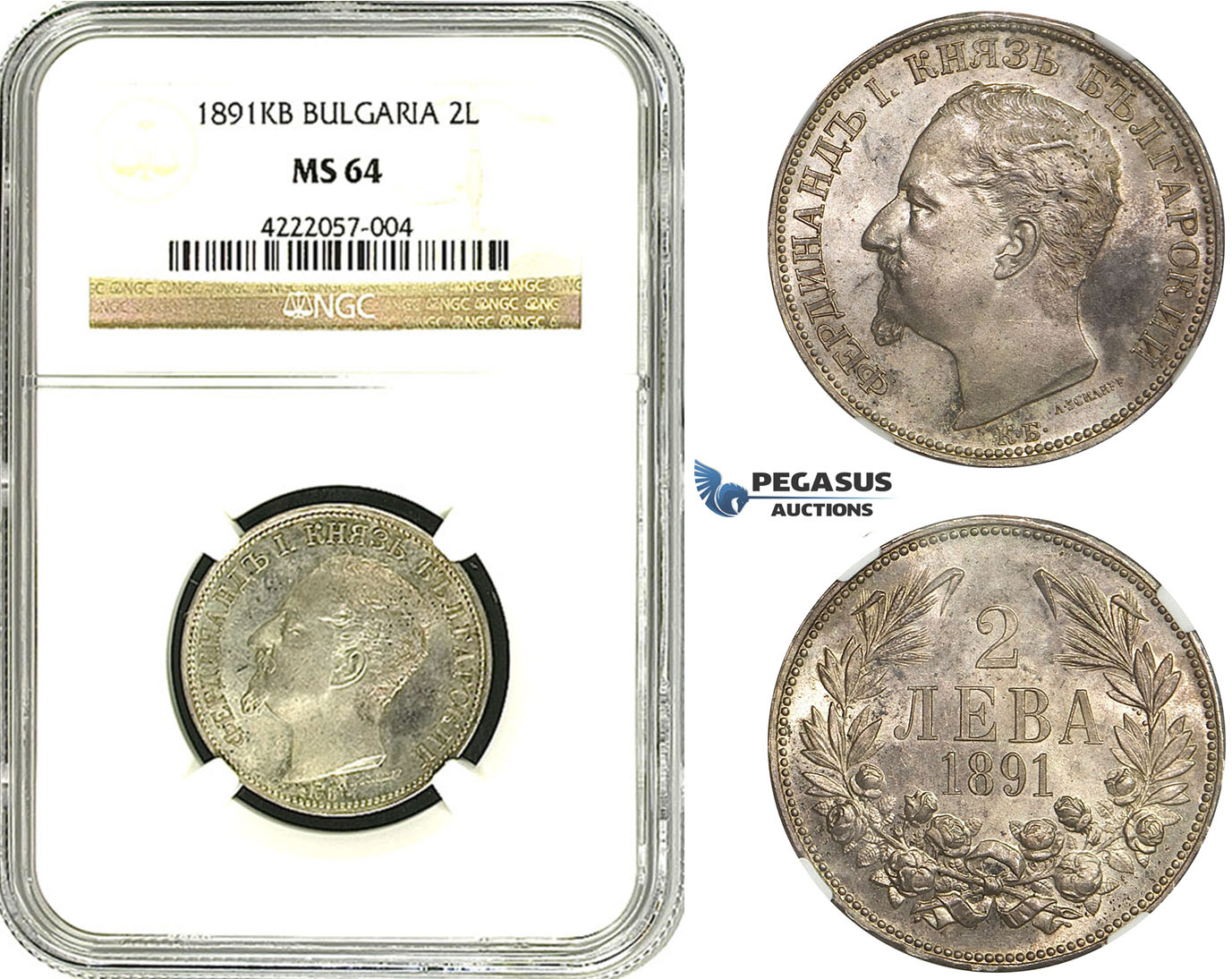 ZB85, Bulgaria, Ferdinand I, 2 Leva 1891-KB, Kremnica, Silver, NGC MS64, Pop 1/0, Finest! Rare!