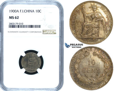 ZE46, French Indo-China, 10 Centimes 1900-A, Paris, Silver, NGC MS62