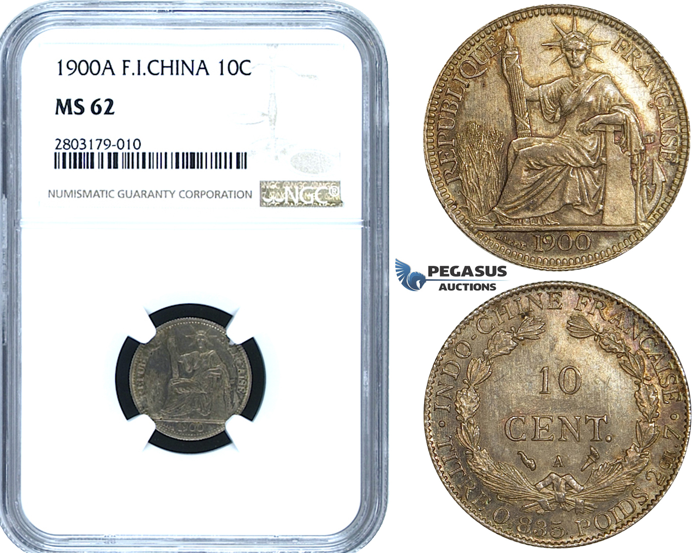 ZE46, French Indo-China, 10 Centimes 1900-A, Paris, Silver, NGC MS62