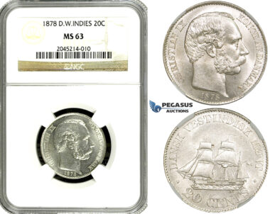 ZF37, Danish West Indies, Christian IX, 20 Cents 1878, Silver, NGC MS63