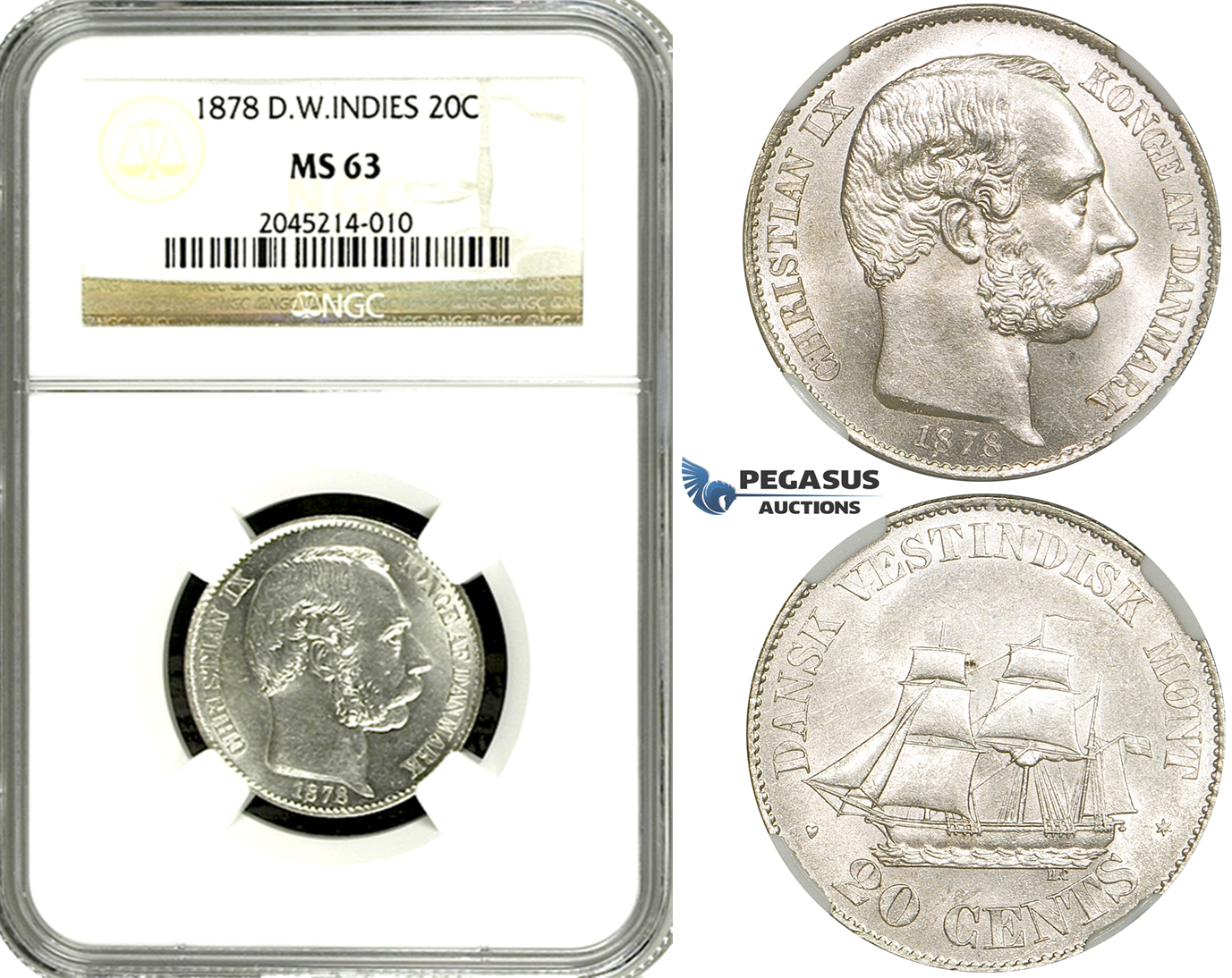 ZF37, Danish West Indies, Christian IX, 20 Cents 1878, Silver, NGC MS63