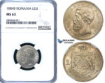 ZF76, Romania, Carol I, 1 Leu 1884-B, Bucharest, Silver, NGC MS63, Rare!