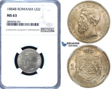 ZF76, Romania, Carol I, 1 Leu 1884-B, Bucharest, Silver, NGC MS63, Rare!