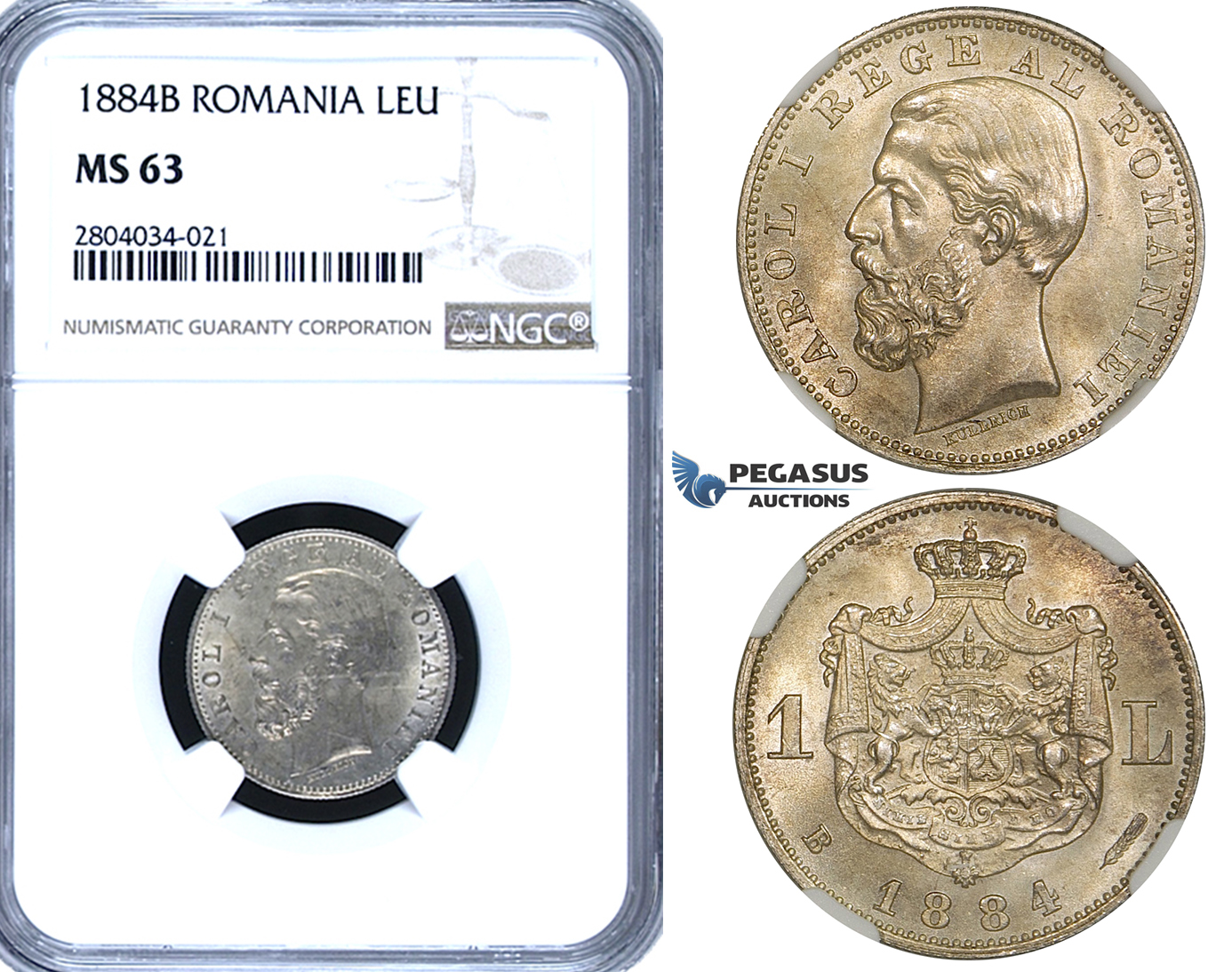 ZF76, Romania, Carol I, 1 Leu 1884-B, Bucharest, Silver, NGC MS63, Rare!