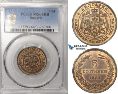 ZG55, Bulgaria, Alexander I, 5 Stotinki 1881, Heaton, PCGS MS64RB