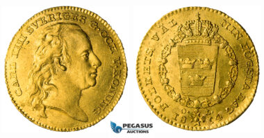 ZG94, Sweden, Karl XIII, Ducat (Dukat) 1814 OL, Stockholm, Gold (3.49g) SM 6, XF (ligtly bent, some minor field damages)