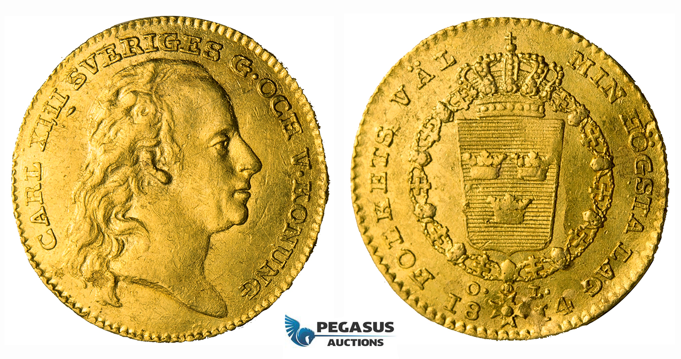 ZG94, Sweden, Karl XIII, Ducat (Dukat) 1814 OL, Stockholm, Gold (3.49g) SM 6, XF (ligtly bent, some minor field damages)