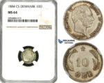 ZH11, Denmark, Christian IX, 10 Øre 1884, Copenhagen, Silver, NGC MS64