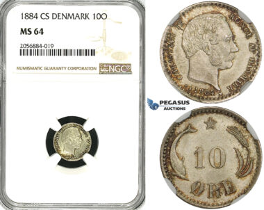 ZH11, Denmark, Christian IX, 10 Øre 1884, Copenhagen, Silver, NGC MS64