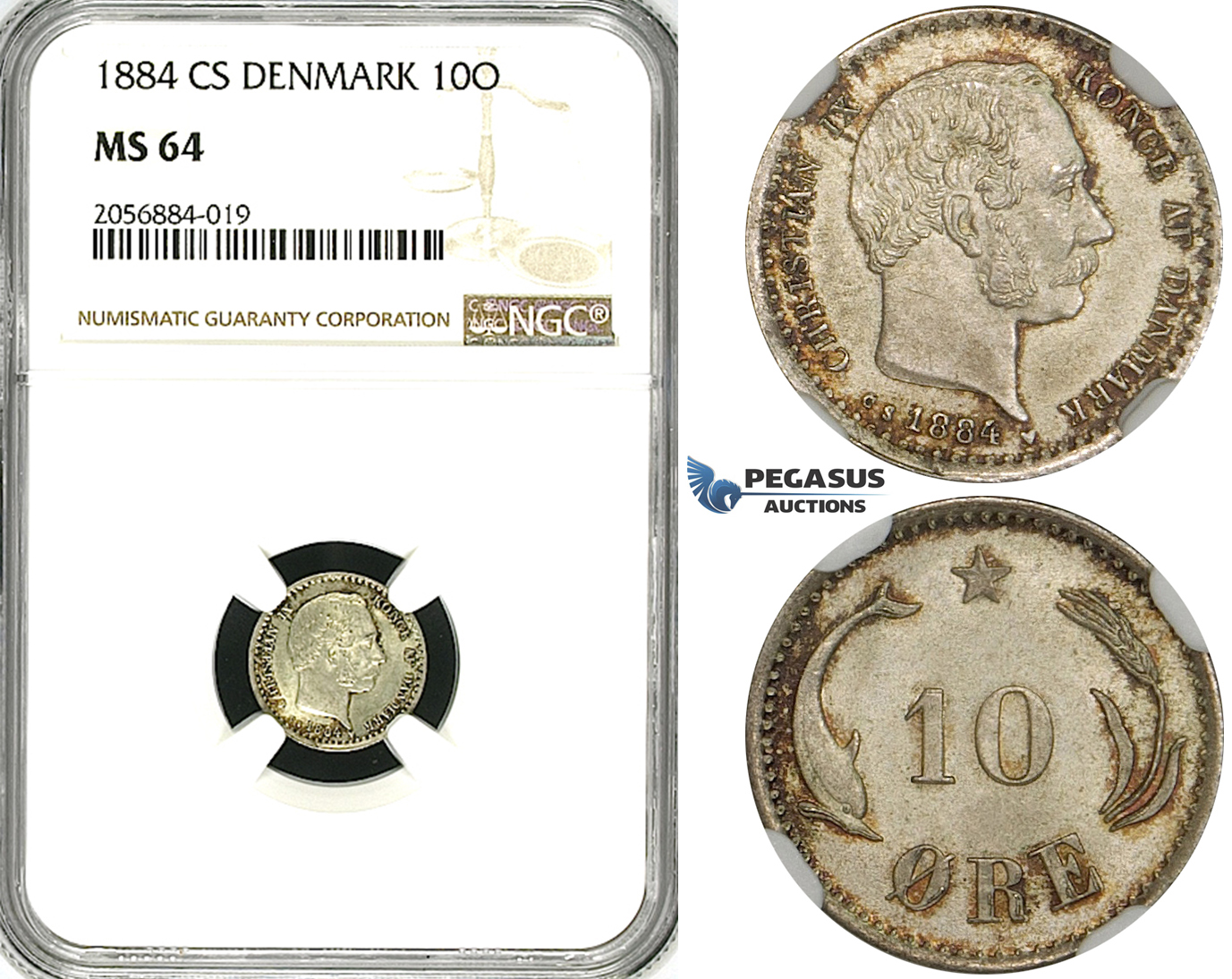 ZH11, Denmark, Christian IX, 10 Øre 1884, Copenhagen, Silver, NGC MS64