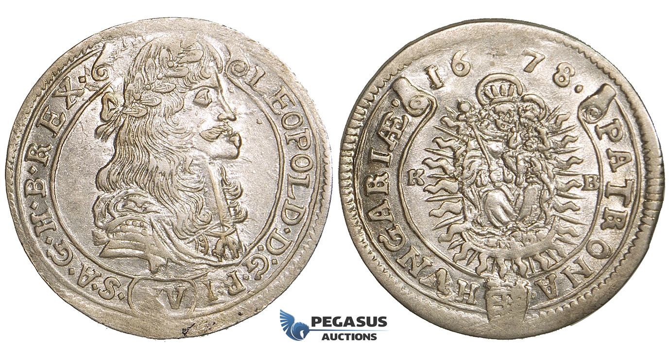 ZH35, Hungary, Leopold I, XV Krajczar 1678-KB, Kremnitz, SIlver (6.20g) Lustrous EF