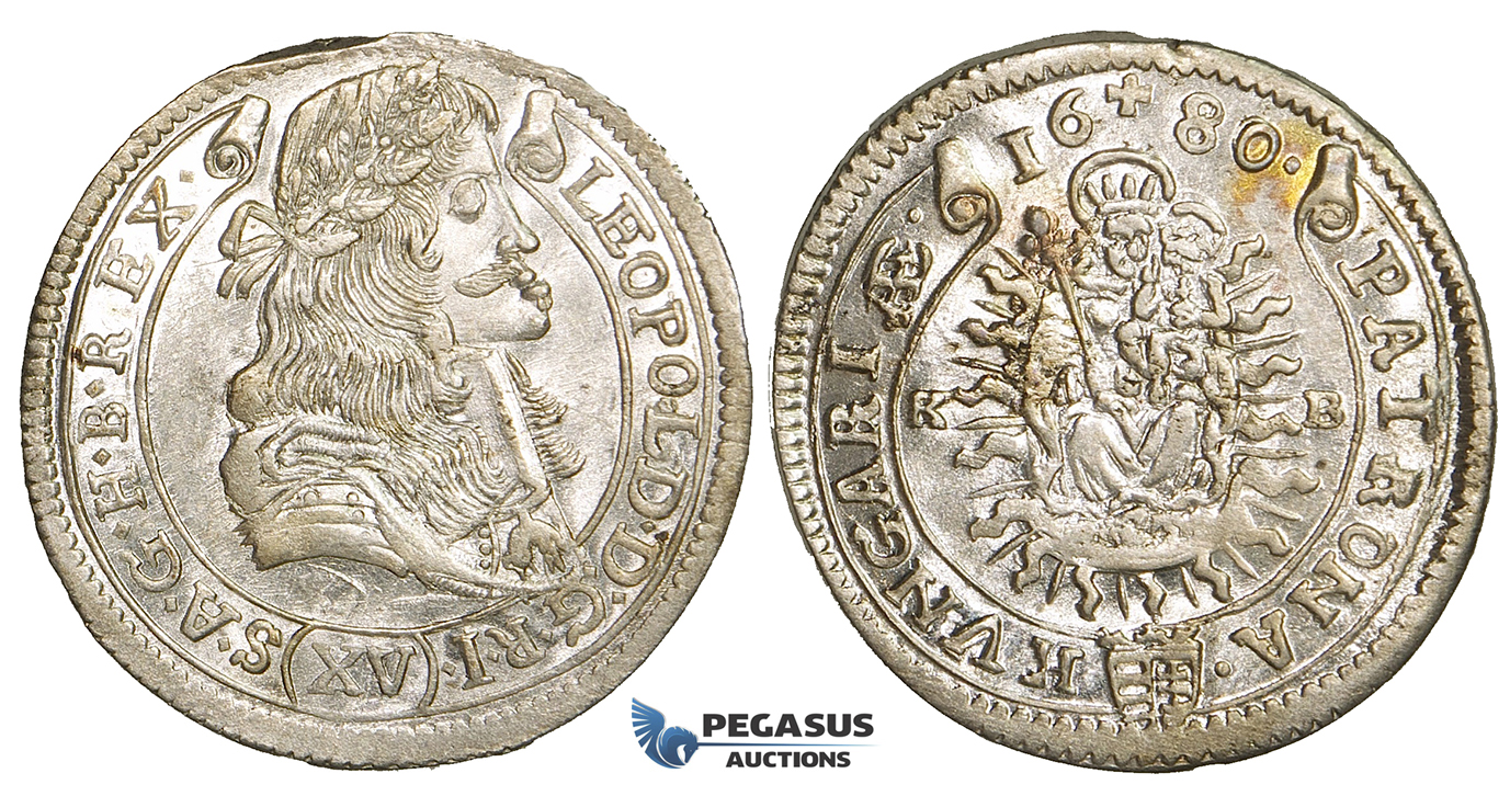 ZH36, Hungary, Leopold I, XV Krajczar 1680-KB, Kremnitz, SIlver (6.93g) Lustrous EF-UNC