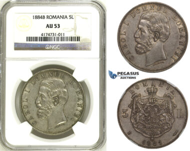 ZH59, Romania, Carol I, 5 Lei 1881-B, Bucharest, Silver, NGC AU53 "As Prince" Slab error "1884"