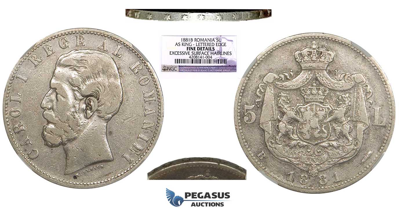 ZI09, Romania, Carol I, 5 Lei 1881-B, Bucharest, Silver, Edge = (✶✶✶✶✶✶) 6 pointed stars! NGC F, RRR!