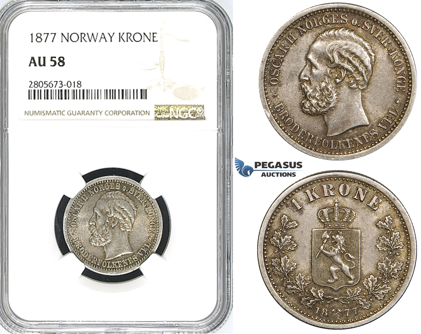 ZI24, Norway, Oscar II, 1 Krone 1877, Kongsberg, Silver, NGC AU58 (Fine toning!)