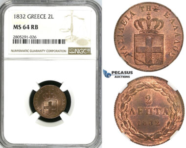 ZI53, Greece, Othon, 2 Lepta 1832, Munich, NGC MS64RB