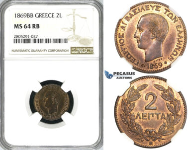 ZI54, Greece, George I, 2 Lepta 1869-BB, Strasbourg, NGC MS64RB