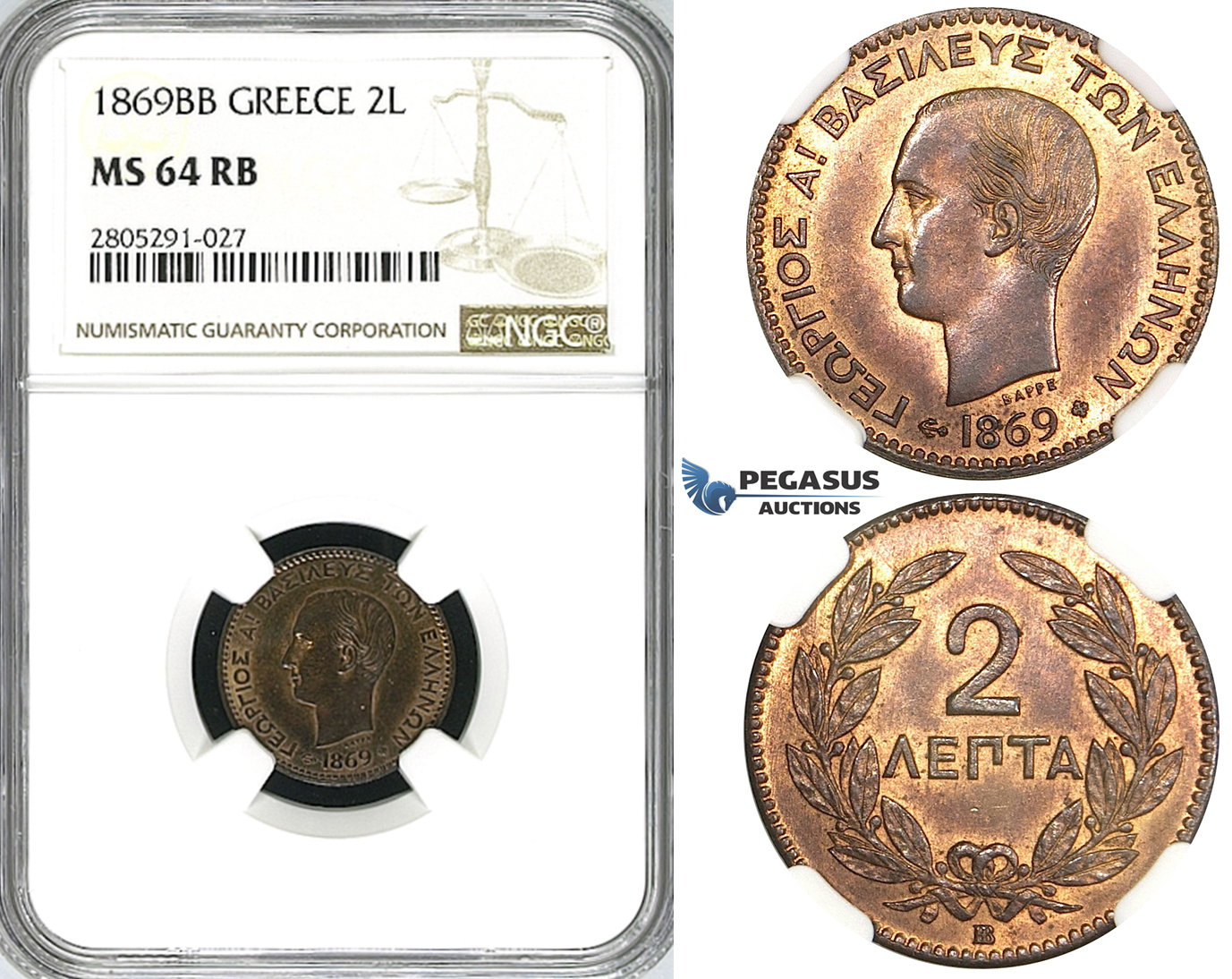 ZI54, Greece, George I, 2 Lepta 1869-BB, Strasbourg, NGC MS64RB