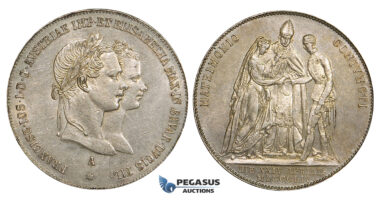 ZI86, Austria, Franz Joseph, Gulden 1854-A, Vienna, Silver, on the Marriage to Elizabeth "Sissi" of Bavaria, light cleaning, aUNC