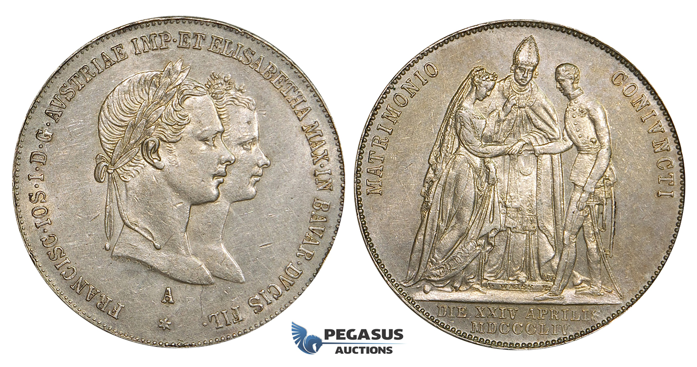 ZI86, Austria, Franz Joseph, Gulden 1854-A, Vienna, Silver, on the Marriage to Elizabeth "Sissi" of Bavaria, light cleaning, aUNC
