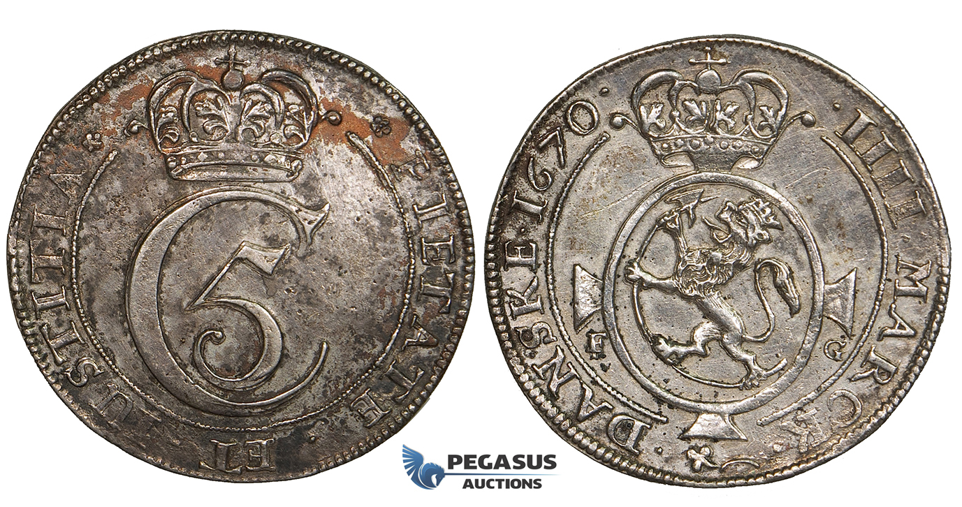 ZI96, Norway, Christian V, Krone (4 Mark) 1670 F-G, Christiania, Silver (20.69g) Spotted Toning, gVF