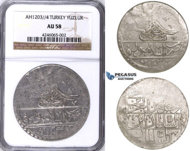 ZJ42, Ottoman Empire, Turkey, Selim III, Yuzluk AH1203/4, Islambul (Istanbul) NGC AU58