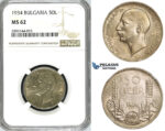 ZJ53, Bulgaria, Boris III, 50 Leva 1934, Silver, NGC MS62