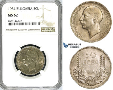 ZJ53, Bulgaria, Boris III, 50 Leva 1934, Silver, NGC MS62