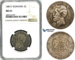 ZK18, Romania, Carol I, 2 Lei 1881-V, Vienna, Silver, NGC MS61
