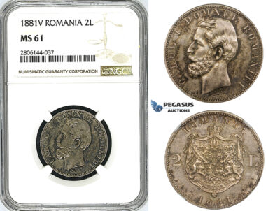 ZK18, Romania, Carol I, 2 Lei 1881-V, Vienna, Silver, NGC MS61